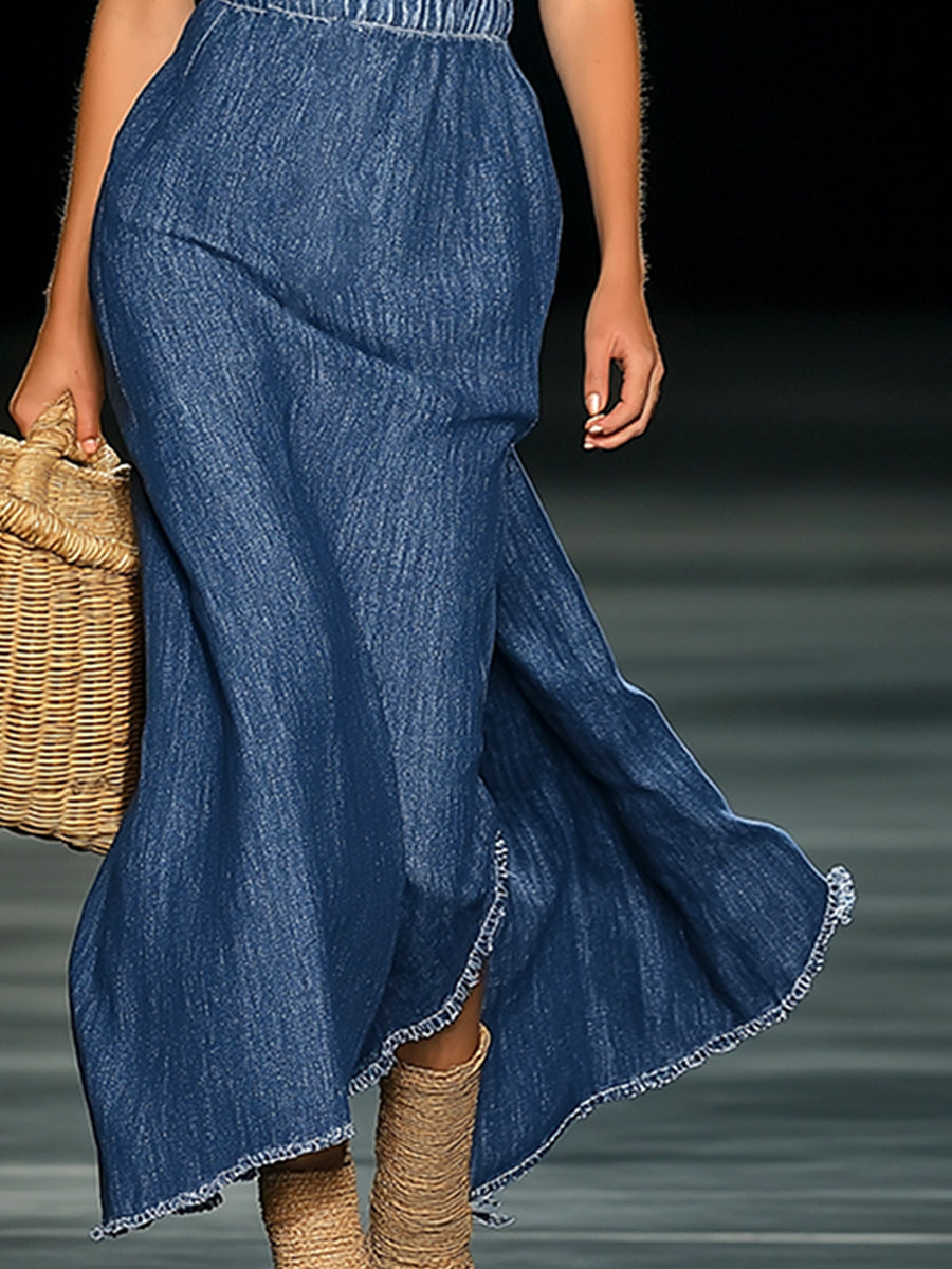 Daphne | Floral Strapless Denim Maxi Dress