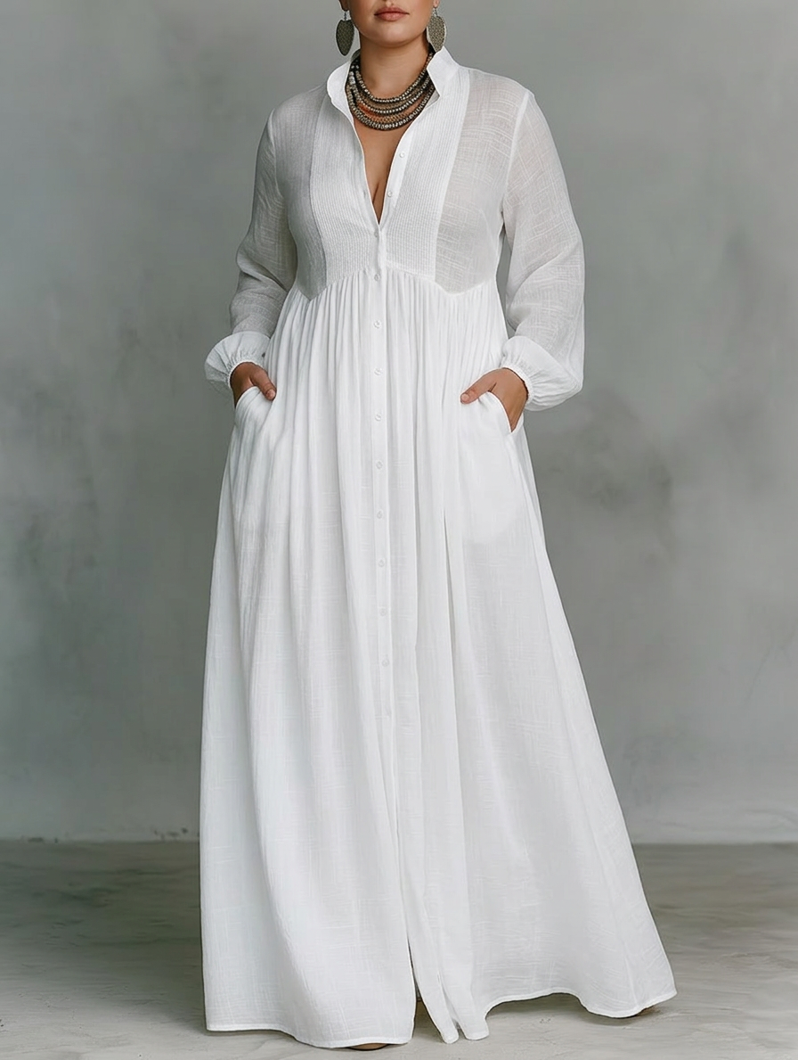 Elisa - Maxi Minimalist Dress with Patchwork, High Collar and Long Sleeves