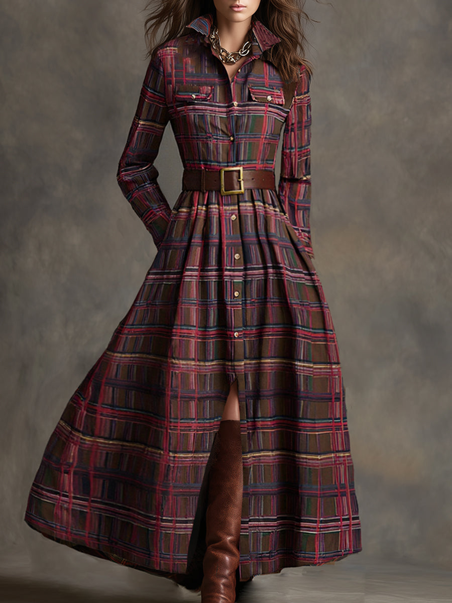 Elowen | Reddish Brown Plaid Maxi Dress