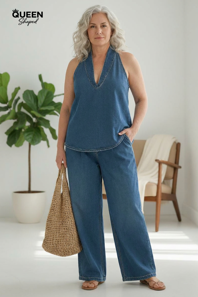 Ivy | Vintage Washed Soft Denim-Look Two-Piece Set