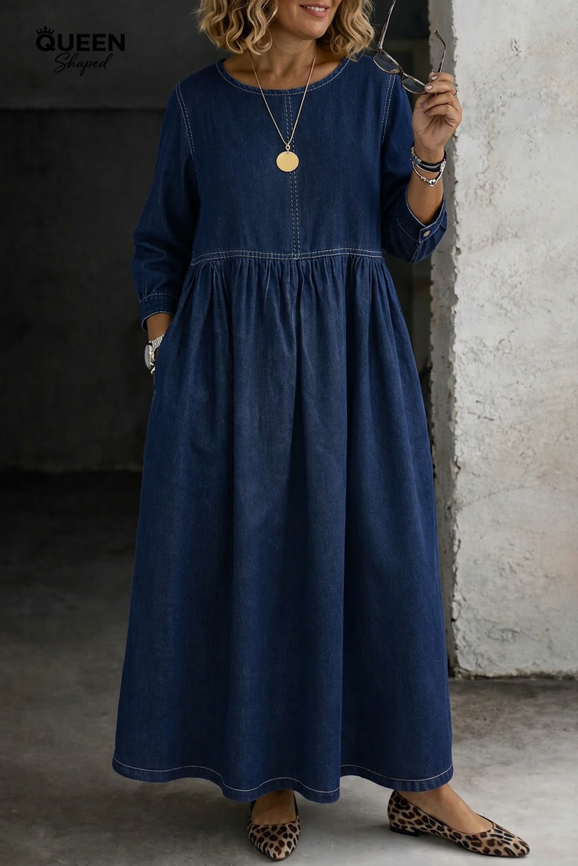 Melissa | Round Neck Long Sleeve Denim Dress