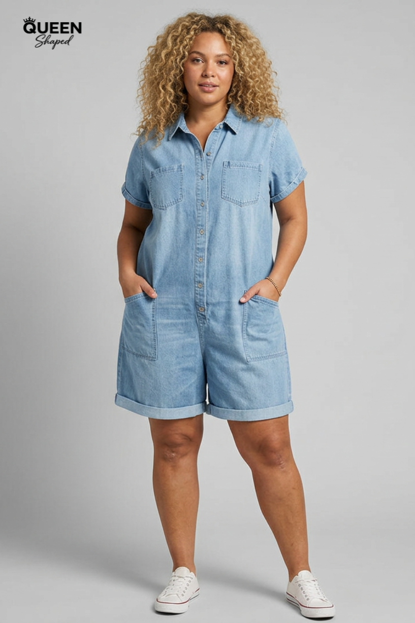 Joan | Vintage Short Cotton Denim-Look Overalls