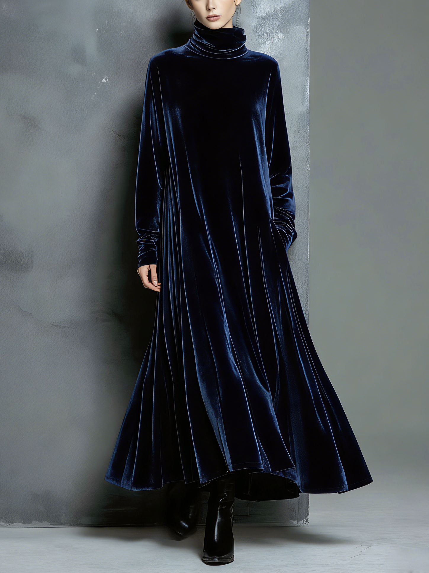 Adeline | Navy Velvet High-Neck Maxi Dress
