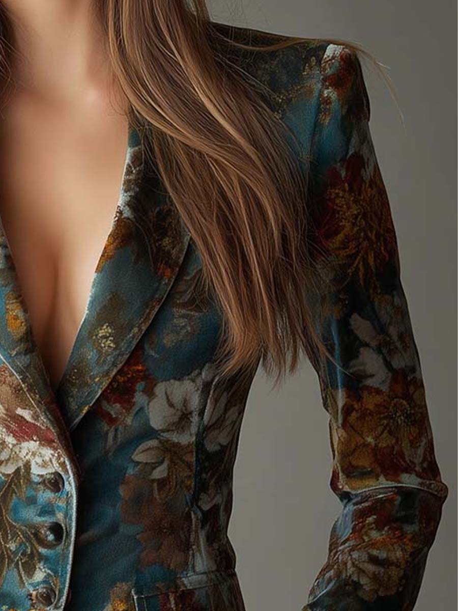 Talia | Teal Floral Velvet Blazer