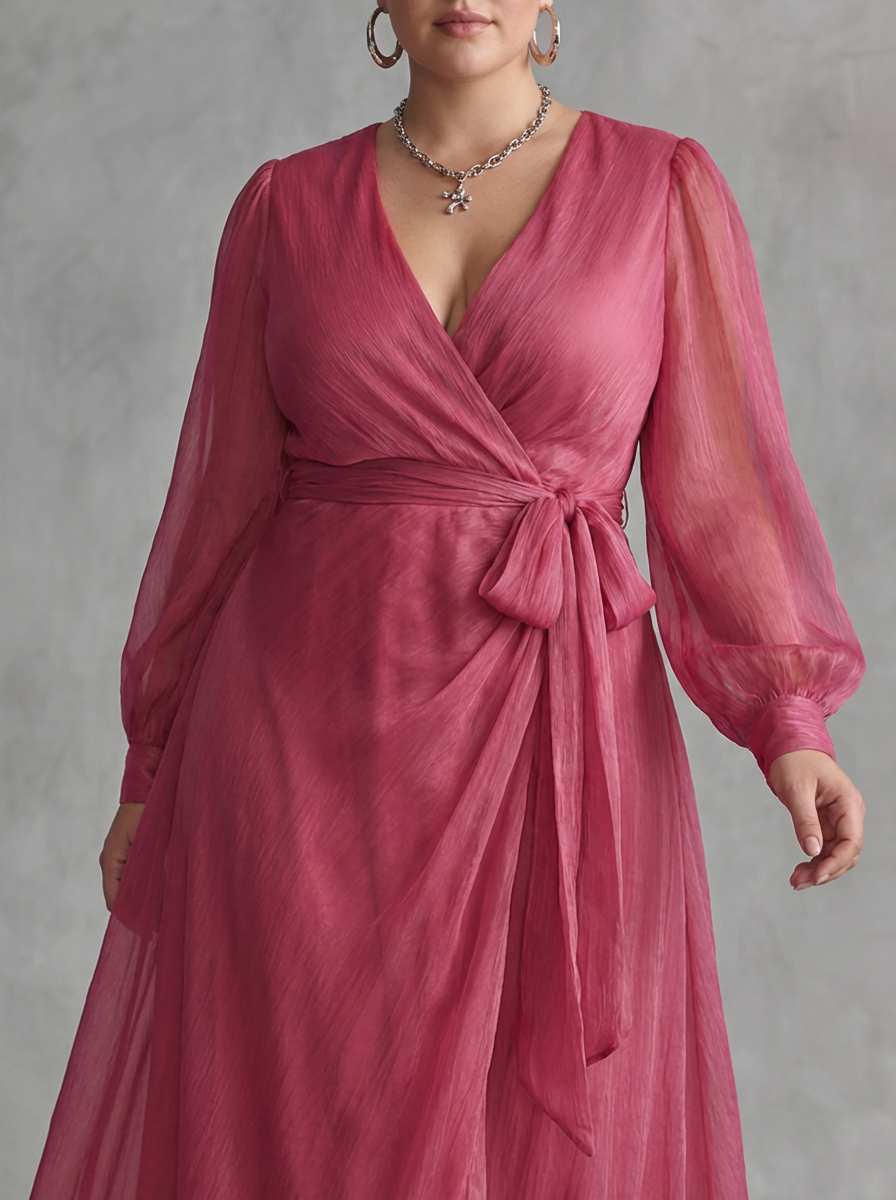 Elegant long pink chiffon dress with pearls and V-neck for women