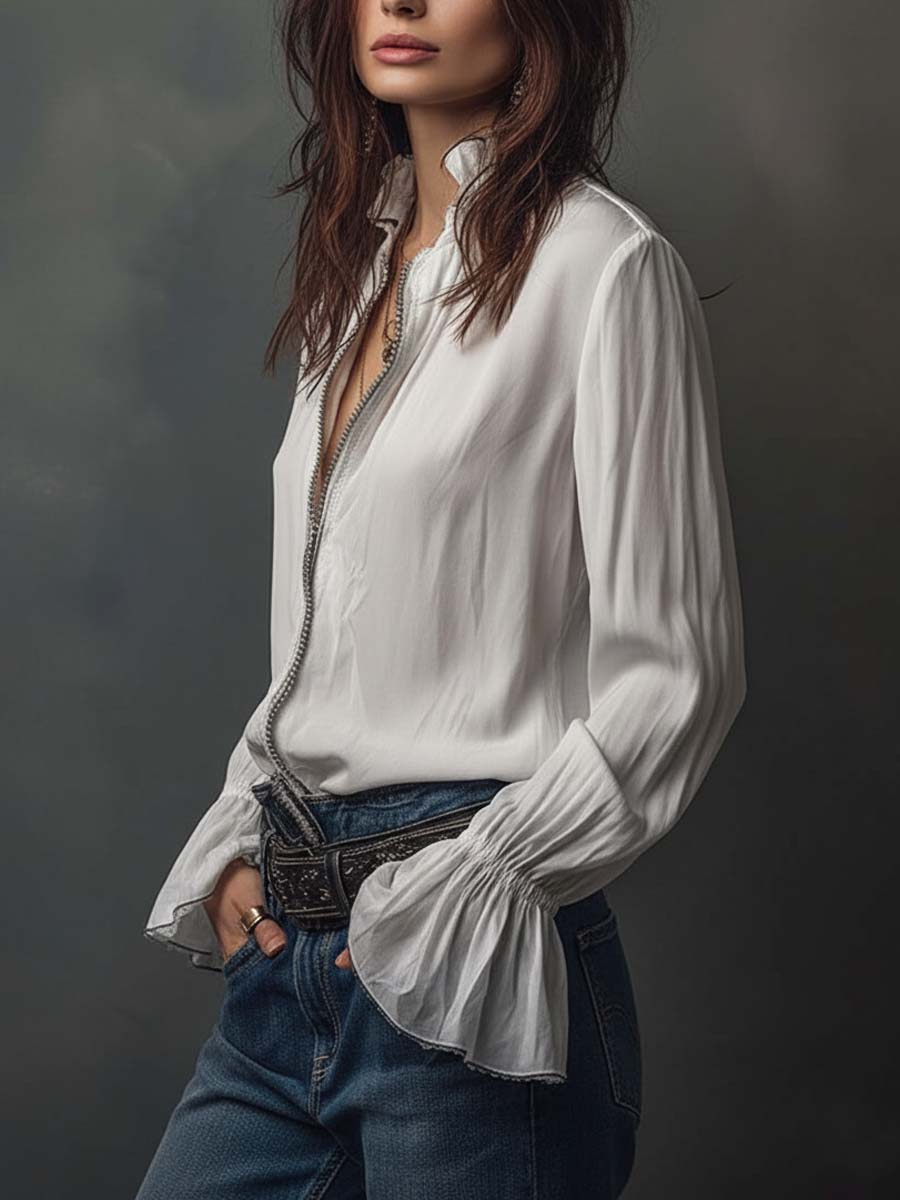 Elodie | White Flounce Cuff Blouse