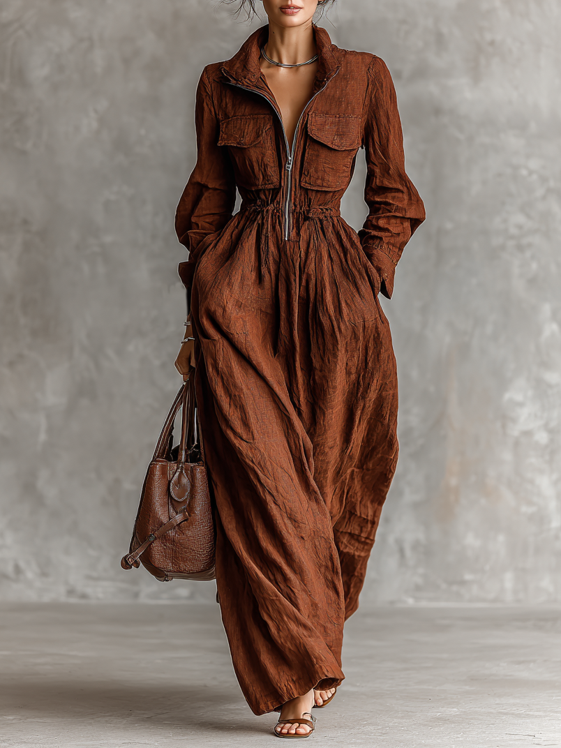 Clara | Linen Zip-Lapel Maxi Dress