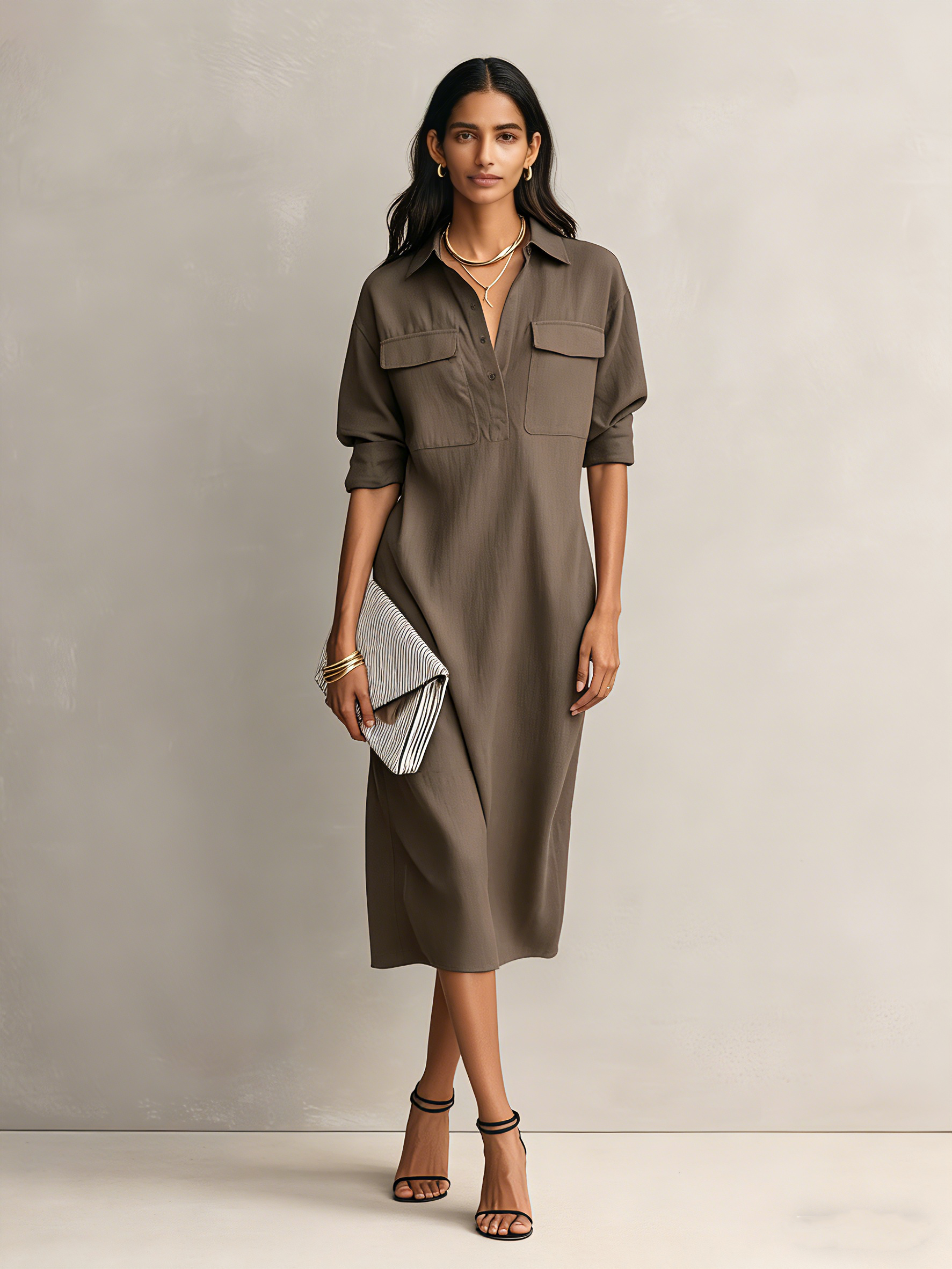 Nora | Black Shirt Collar Midi Dress