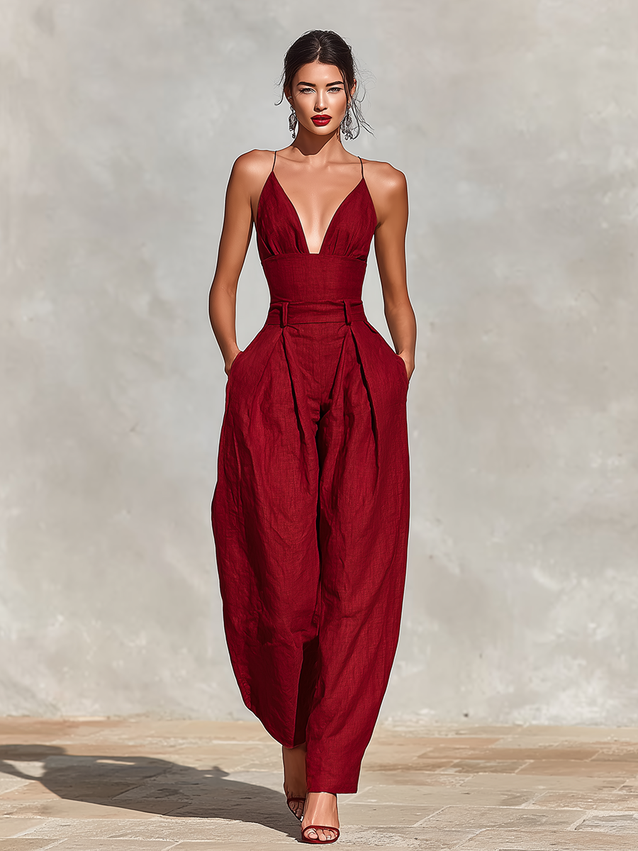 Rosalie | Red Pleated Linen Jumpsuit