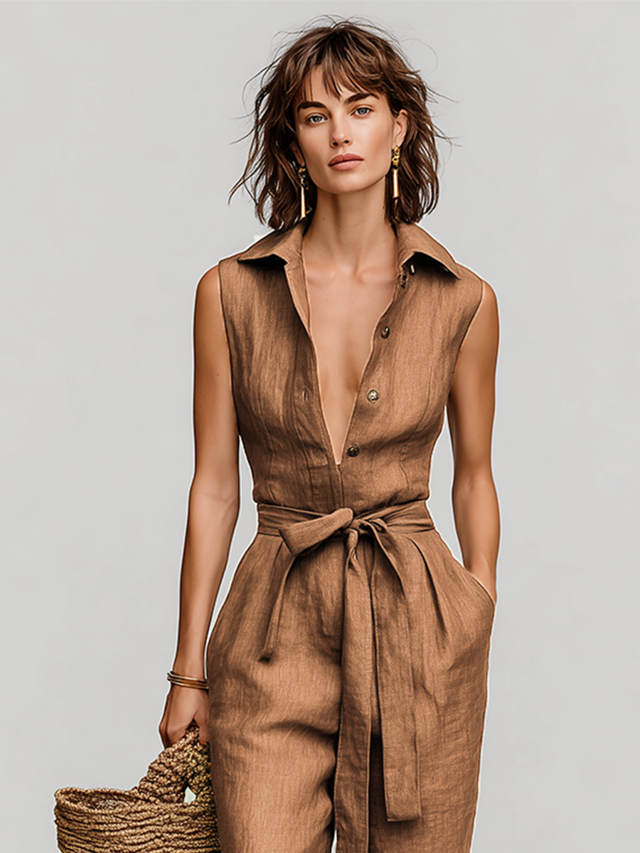 Sienna | Tobacco Brown Linen Jumpsuit
