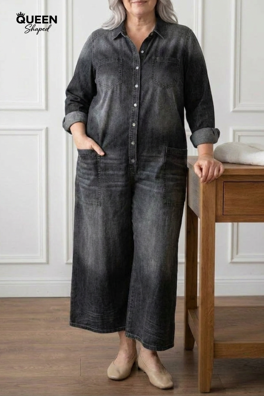 Diana | Vintage Washed Soft Cotton Denim Jumpsuit with Button Closure