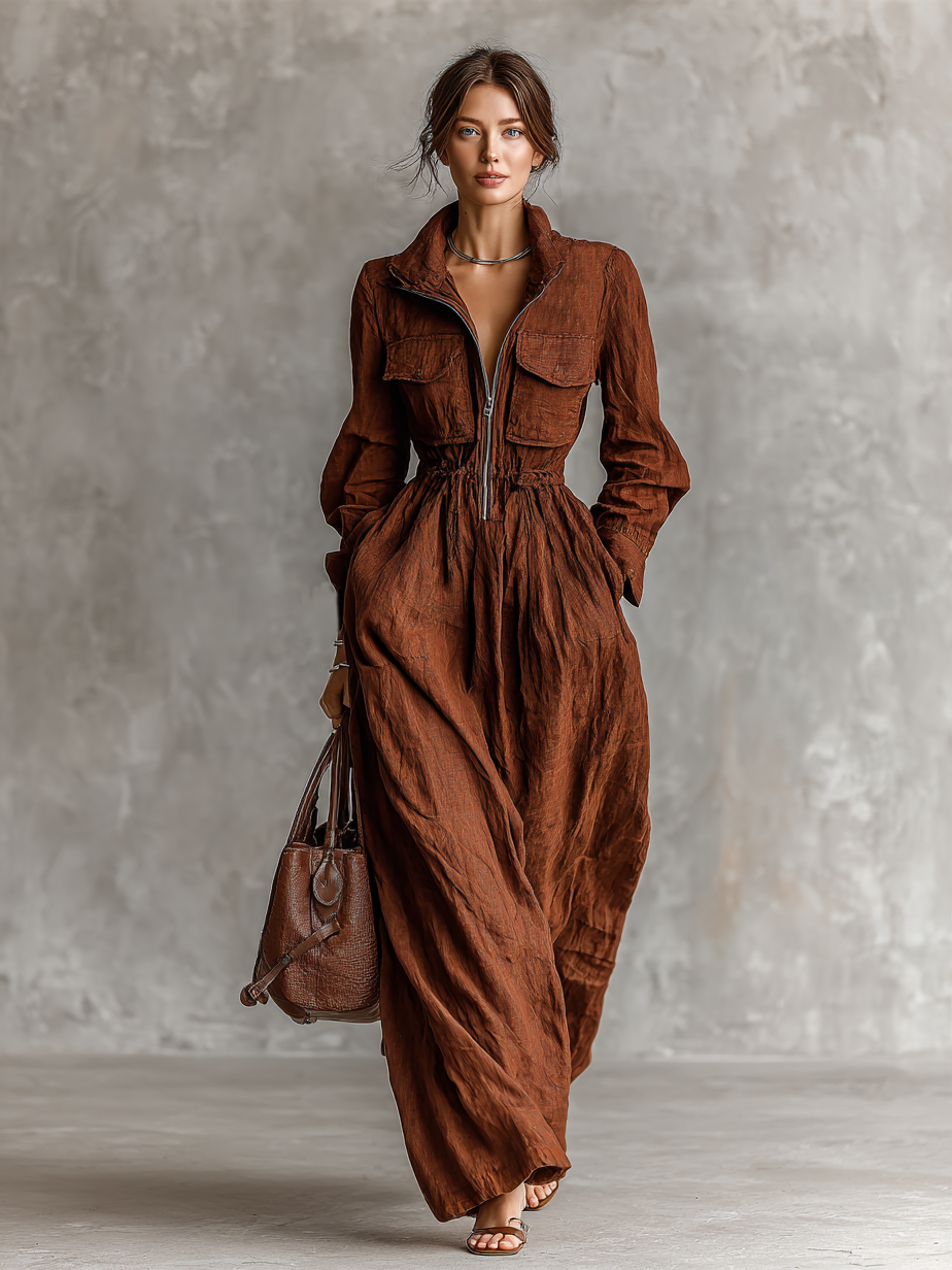 Clara | Linen Zip-Lapel Maxi Dress