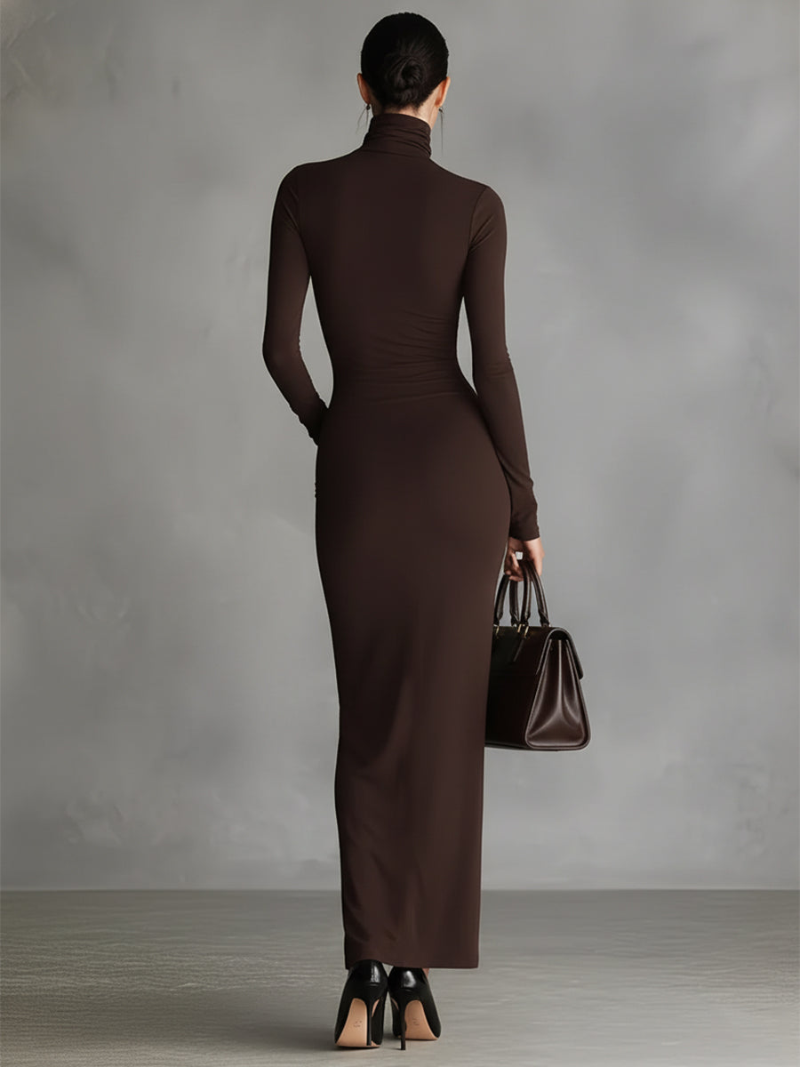 Isabelle | Brown Turtleneck Slit Dress