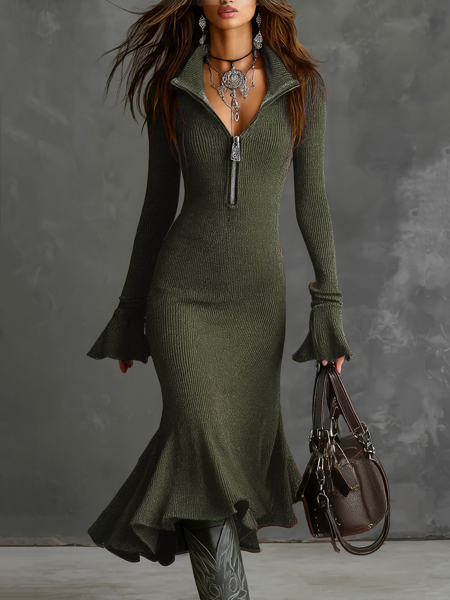 Camille | Zipper Neck Knit Midi Dress