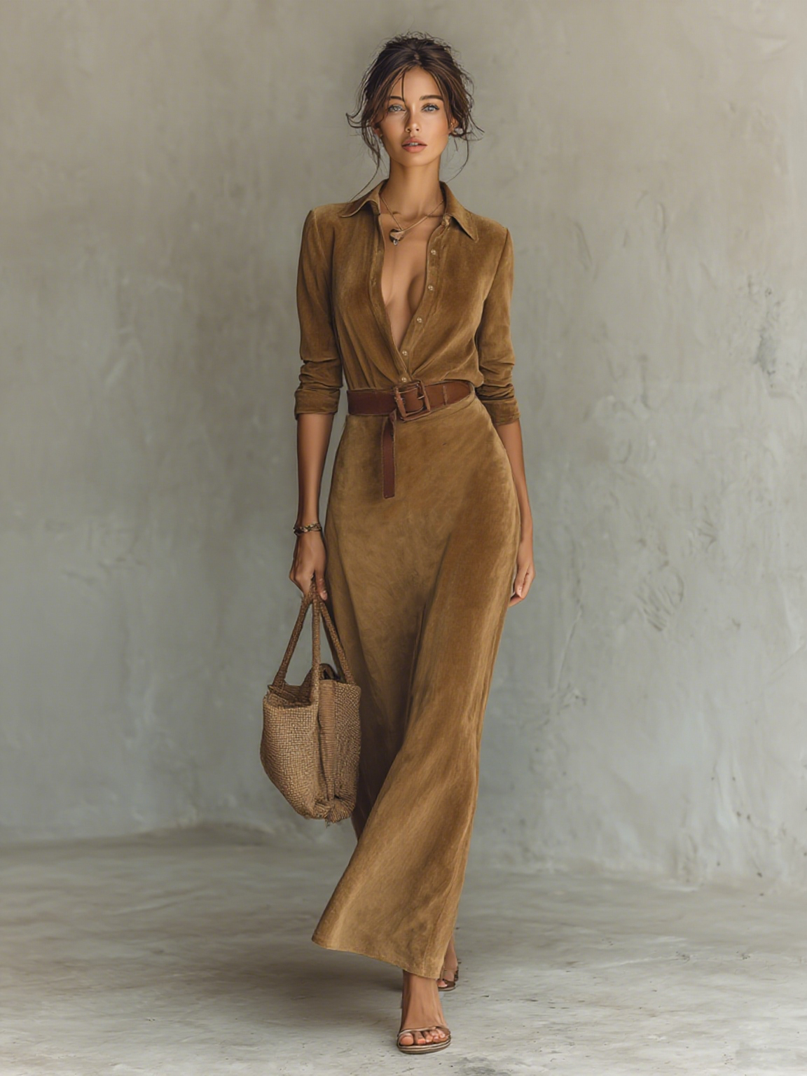 Lucia | Suede Belted Lapel Maxi Dress