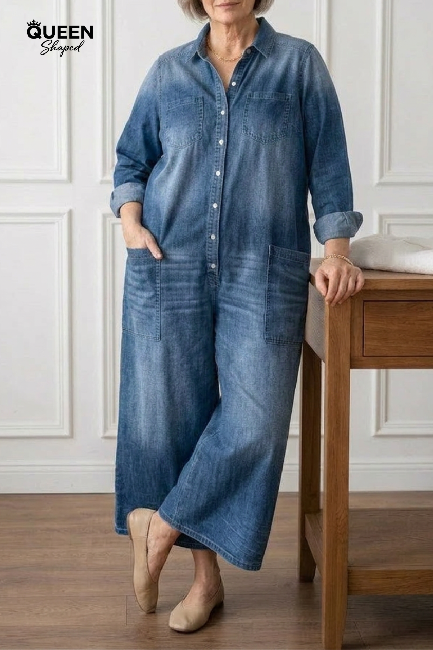 Diana | Vintage Washed Soft Cotton Denim Jumpsuit with Button Closure