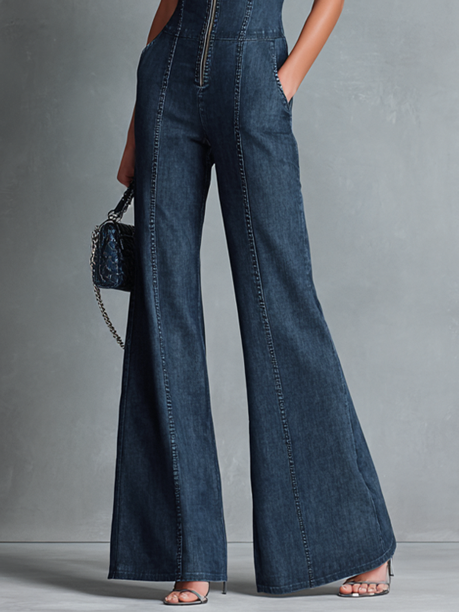 Talia | Dark Blue Denim Flared Jumpsuit