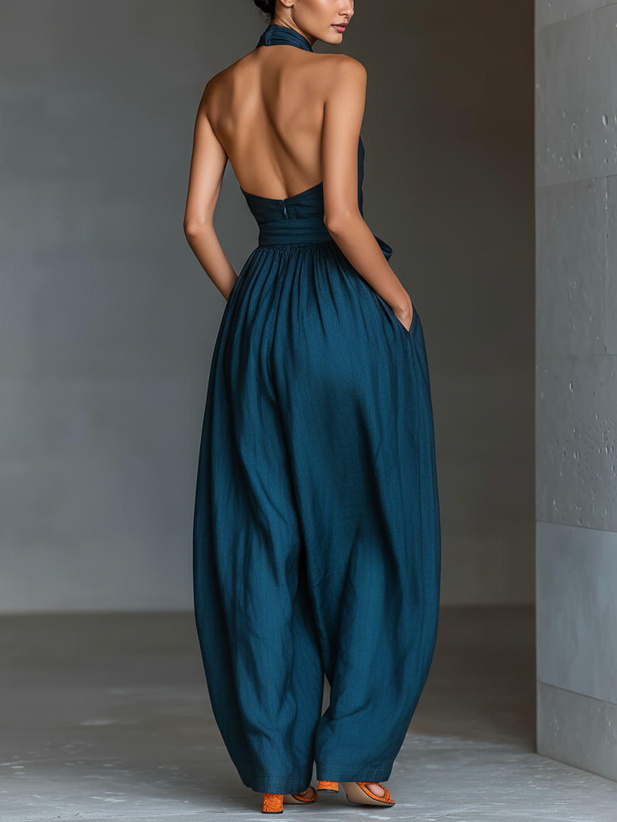 Luna | Navy Cross-Halter Jumpsuit