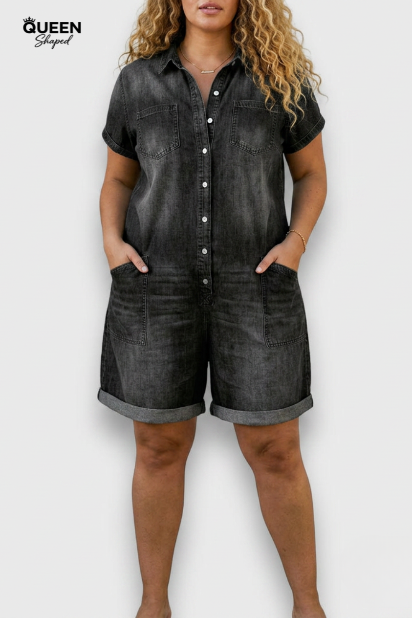 Joan | Vintage Short Cotton Denim-Look Overalls