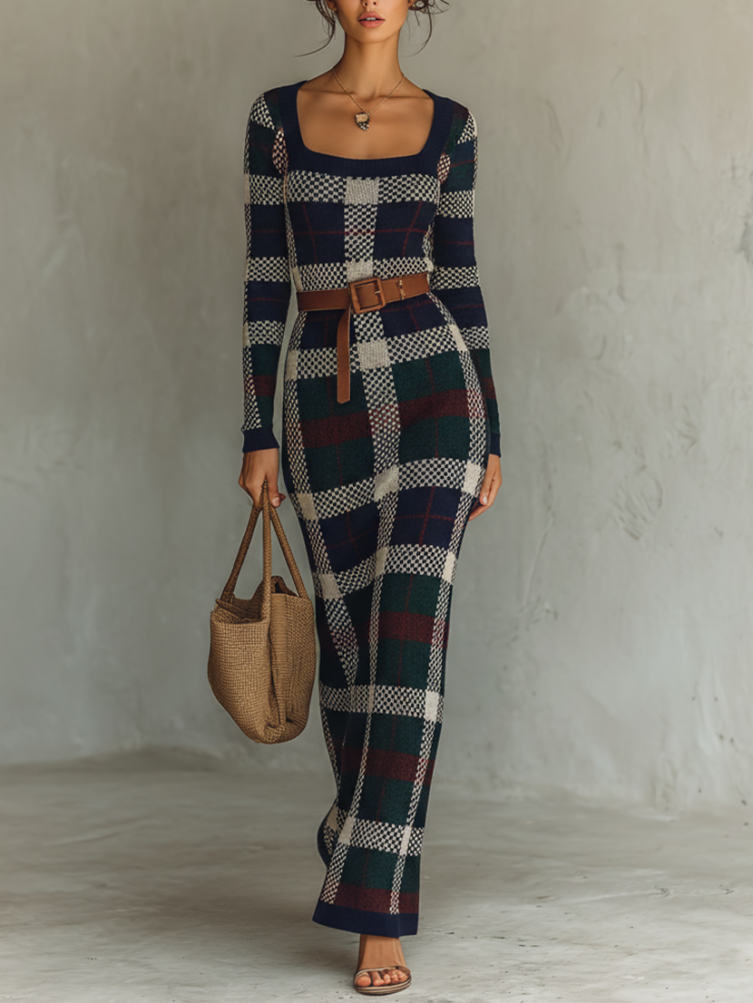 Kirsty | Check Knit Belted Maxi Dress