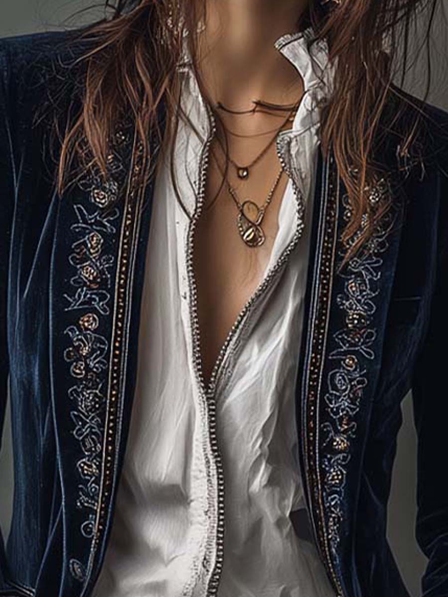 Odette | Navy Embroidered Velvet Jacket