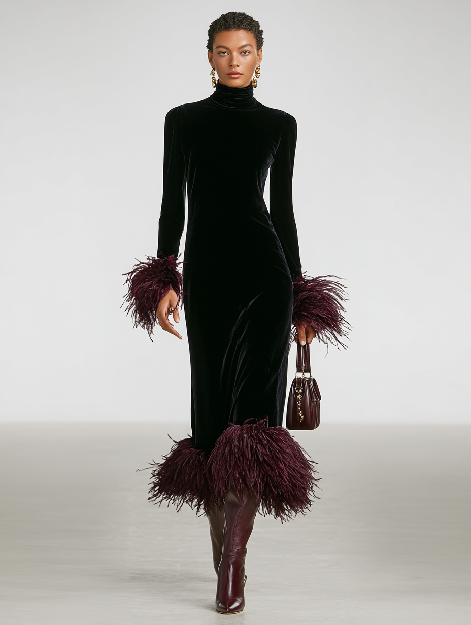 Odette | Velvet Feather Trim Maxi Dress