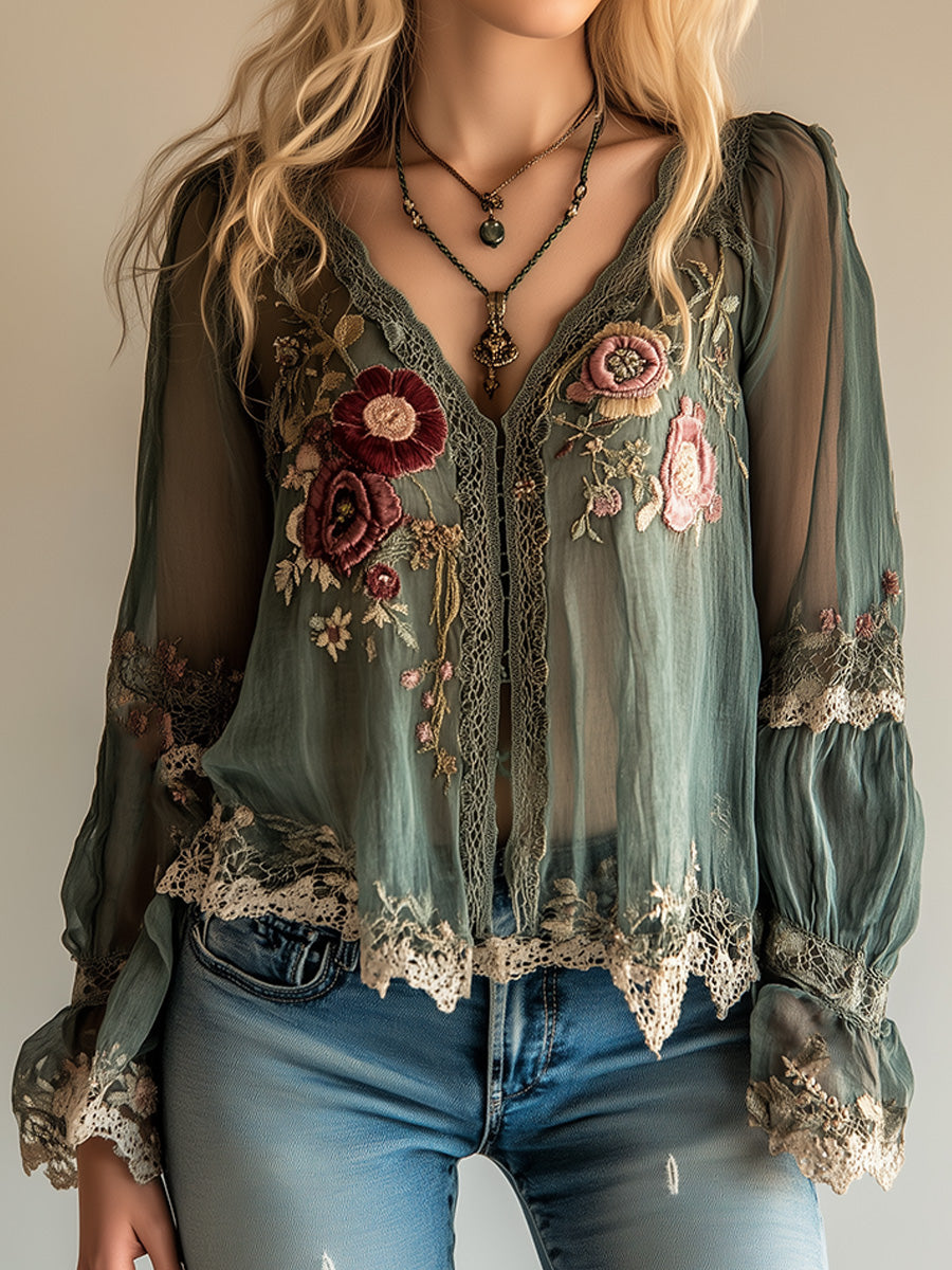 Freya | Green Embroidered Boho Shirt