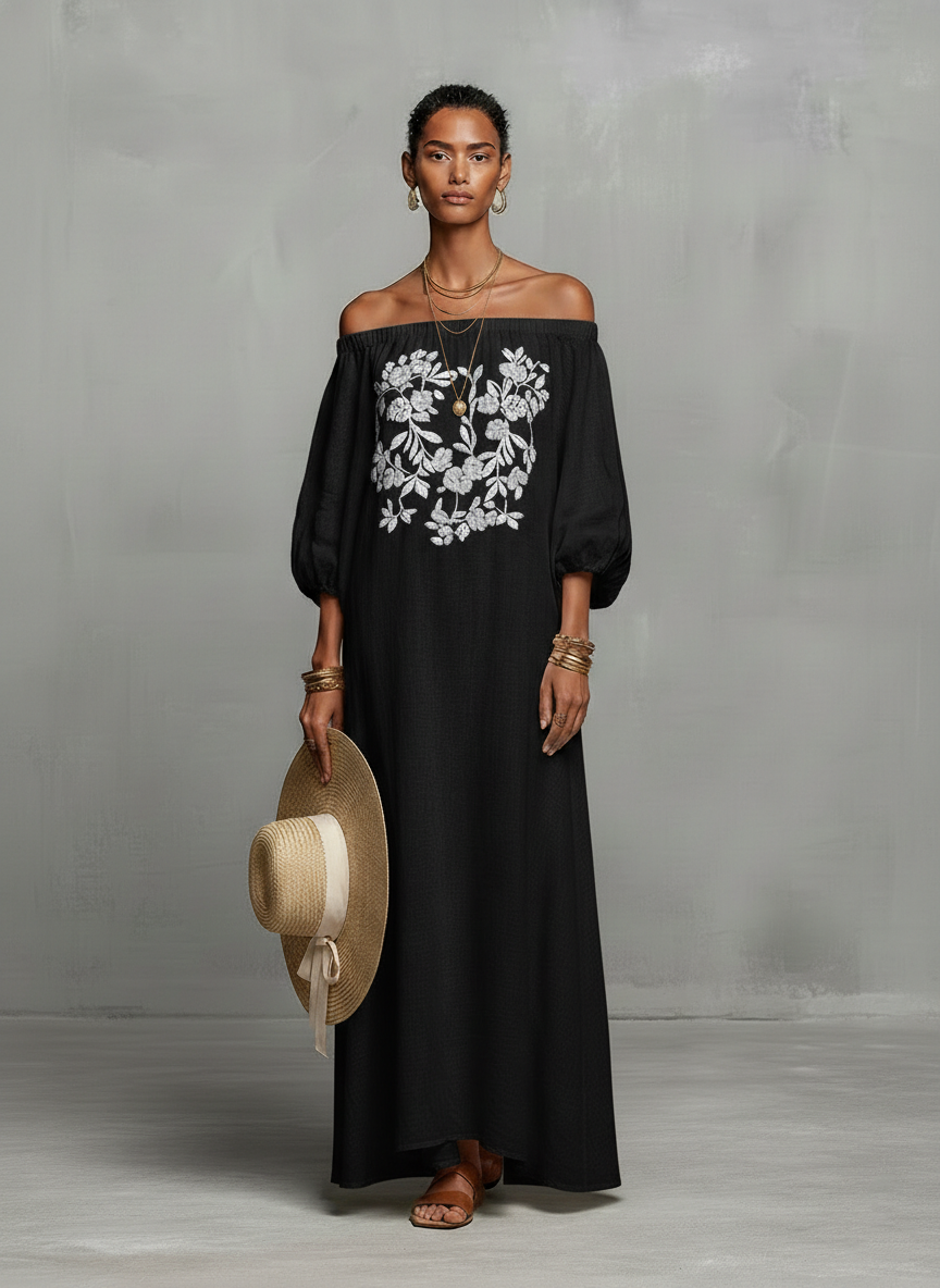 Evelina | Embroidered Off-Shoulder Maxi Dress