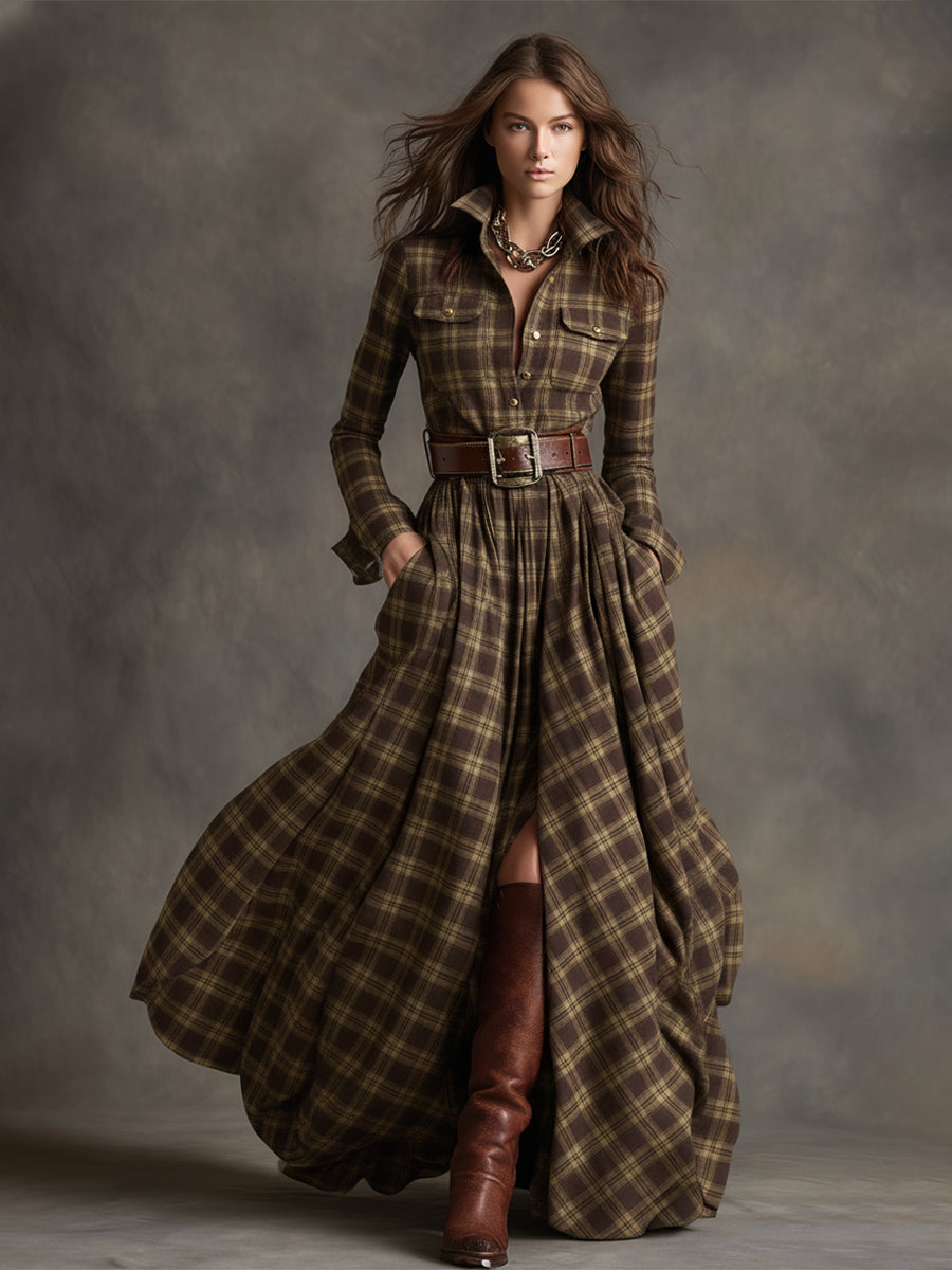 Elowen | Reddish Brown Plaid Maxi Dress