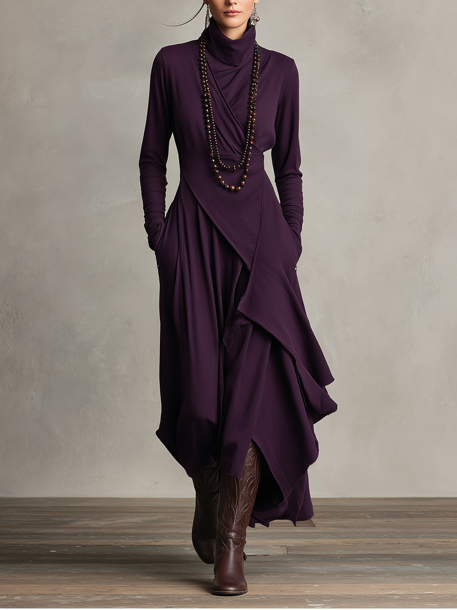 Rhea | Purple Draped Turtleneck Maxi Dress