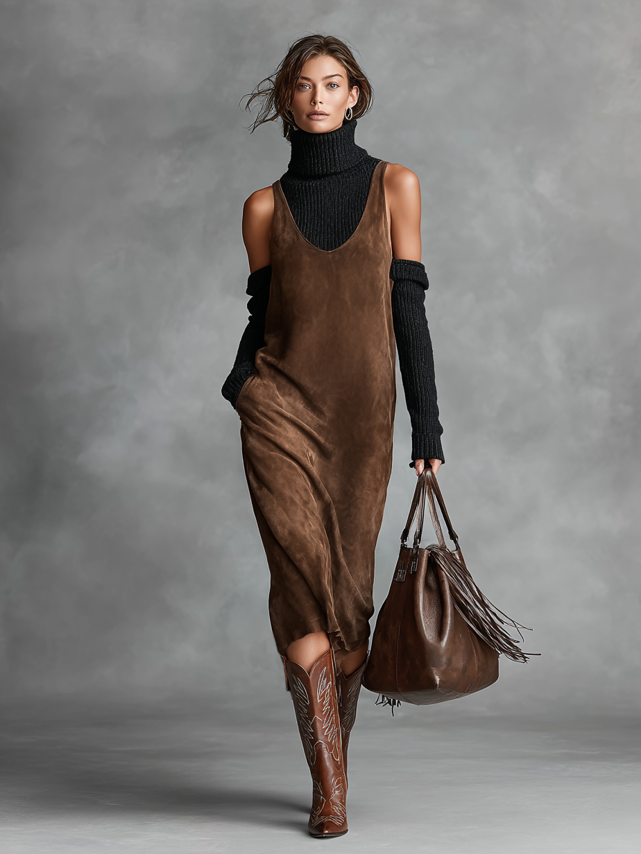 Rhea | Suede U-Neck Midi Dress