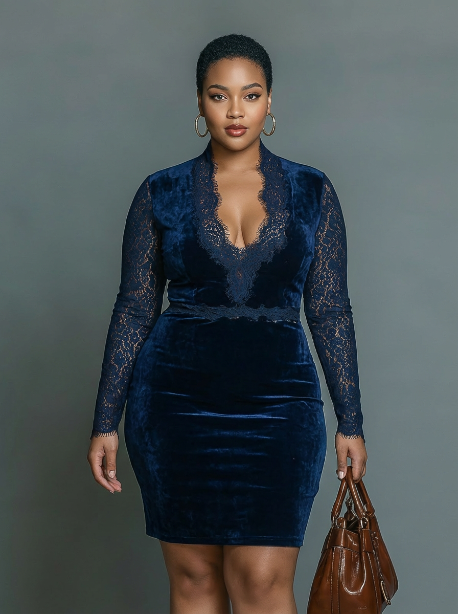 Elegant and Fashionable Dark Blue Velvet Midi Slim-fit V-neck Dress for Women with Lace Neckline and Sleeves
