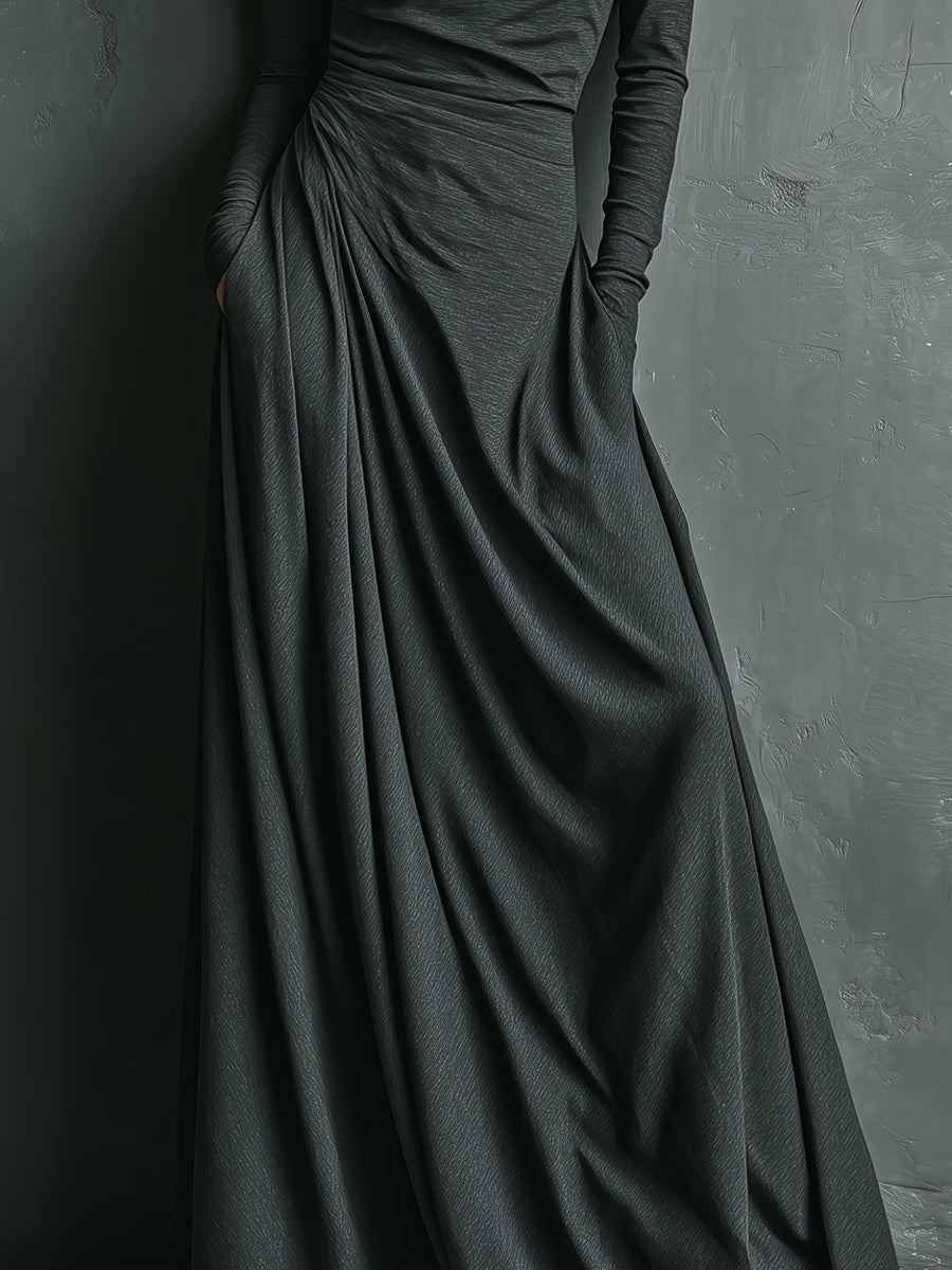 Amelia | Charcoal Draped Turtleneck Maxi Dress