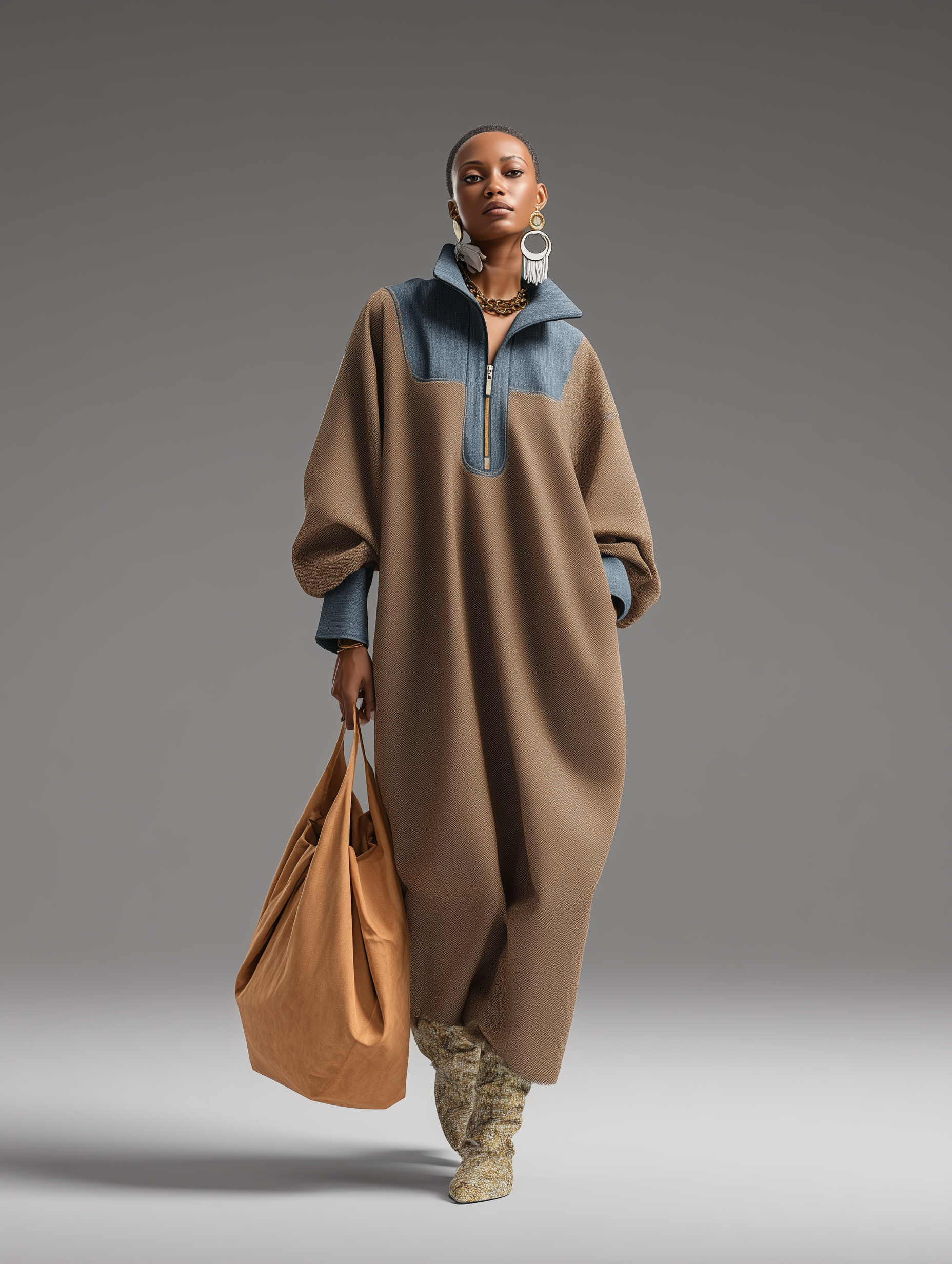 Talia | Brown Stand-Collar Long Dress