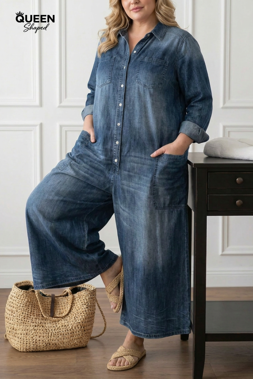 Diana | Vintage Washed Soft Cotton Denim Jumpsuit with Button Closure