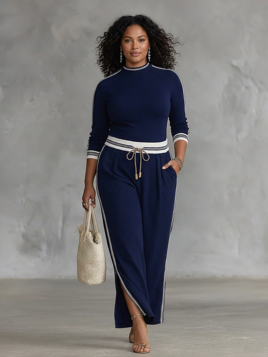 Women's Two-Piece Set: Long Sleeve Sporty T-Shirt with High Neck and Loose Pants with Drawstring