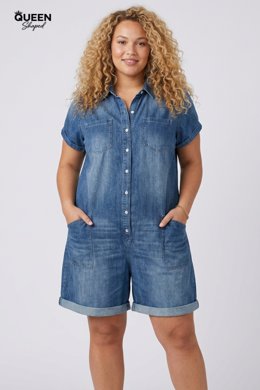 Joan | Vintage Short Cotton Denim-Look Overalls