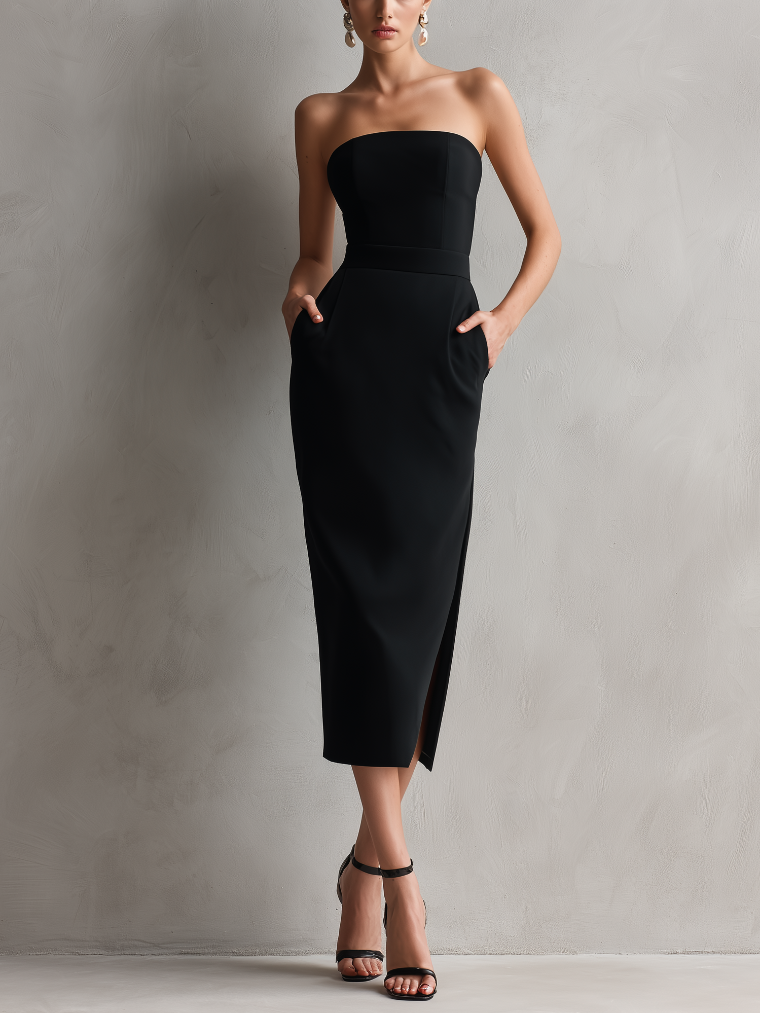 Elina | Black Strapless Bodycon Midi Dress
