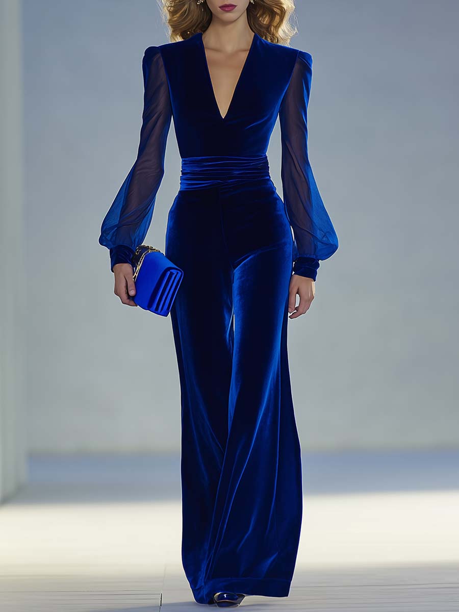 Audrey | Royal Blue Velvet Jumpsuit