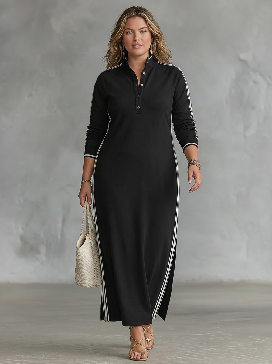 Maxi Sweatshirt Dress for Women with Button-Down Collar and White Trim