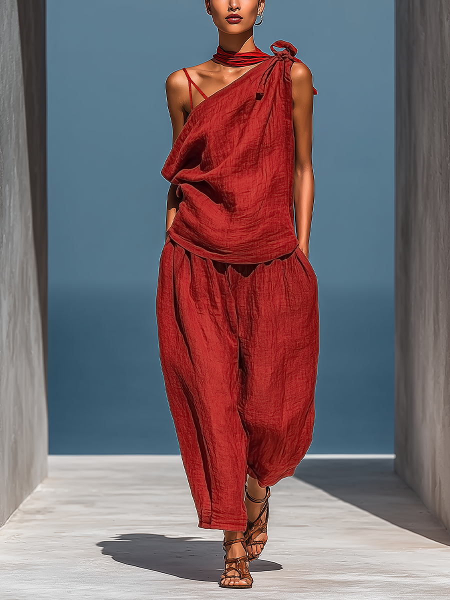Valentina | Red One-Shoulder Trouser Set