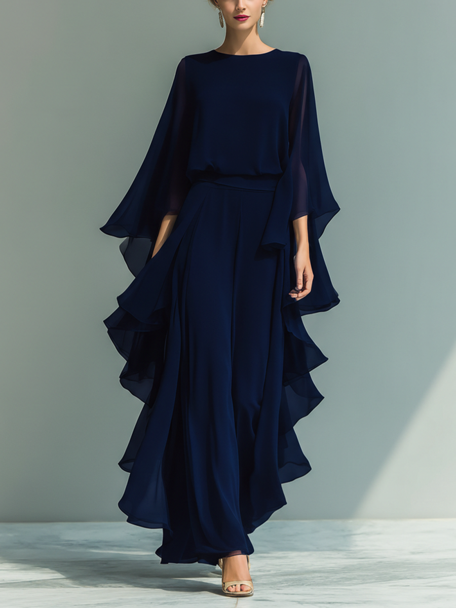 Evelina | Navy Chiffon Trouser Set