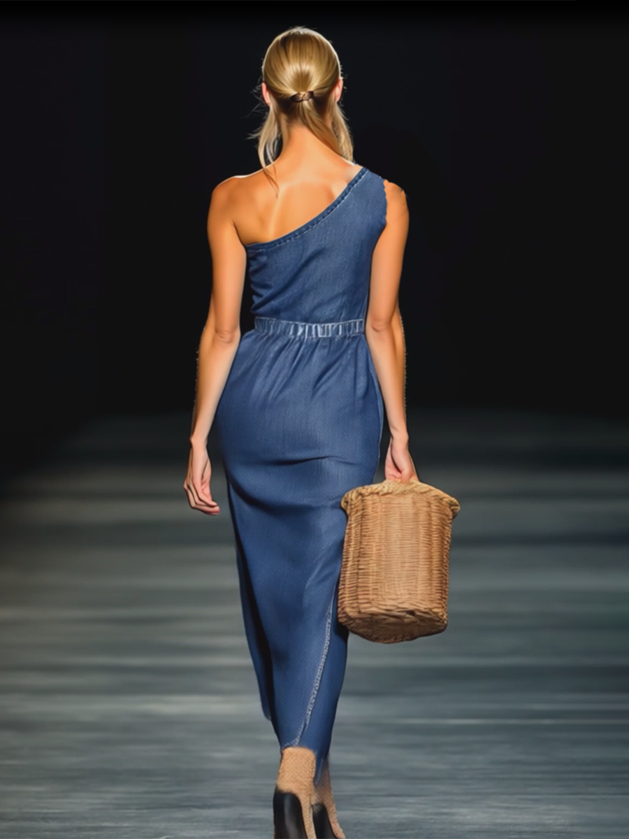 Daphne | Floral Strapless Denim Maxi Dress
