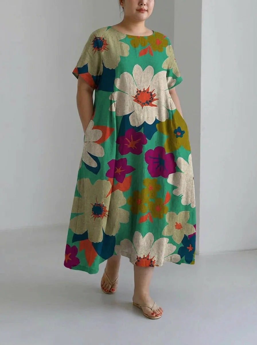 Ella | Colorful Floral Loose Round Neck Medium Length Skirt Dress