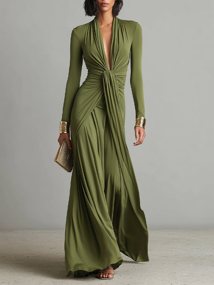 Isabelle | Olive Ruched V-Neck Maxi Dress