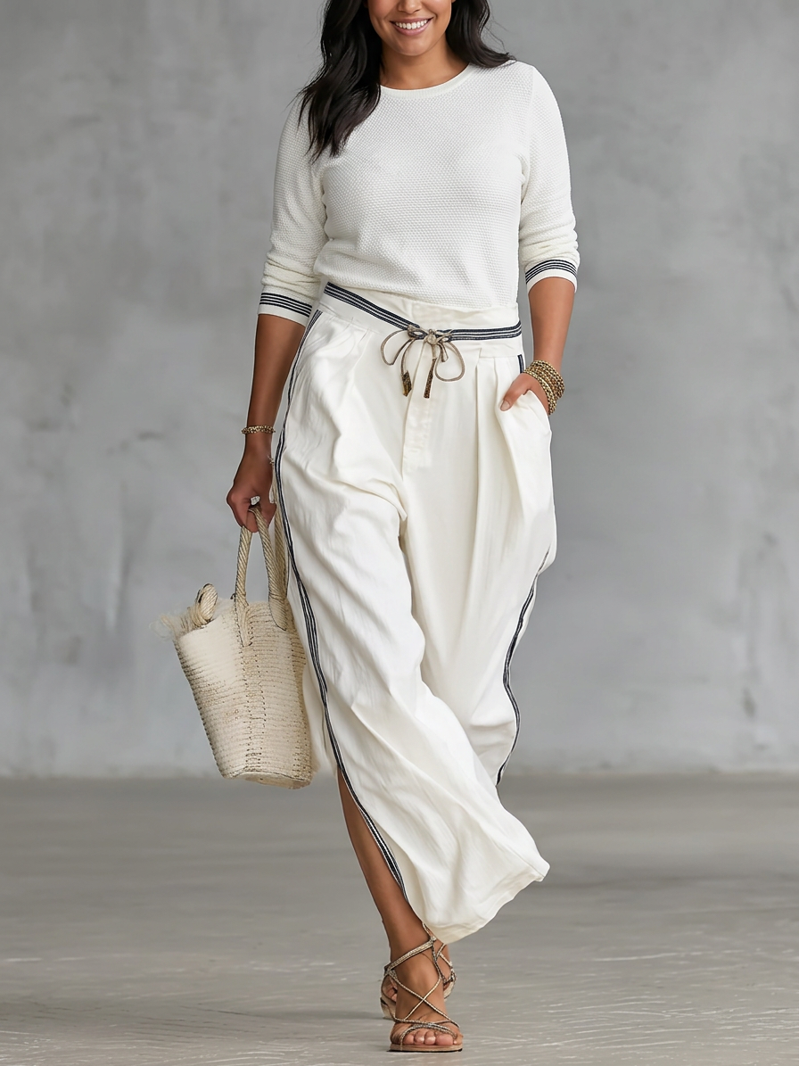 Women's Two-Piece Set: Long Sleeve Sporty T-Shirt with High Neck and Loose Pants with Drawstring