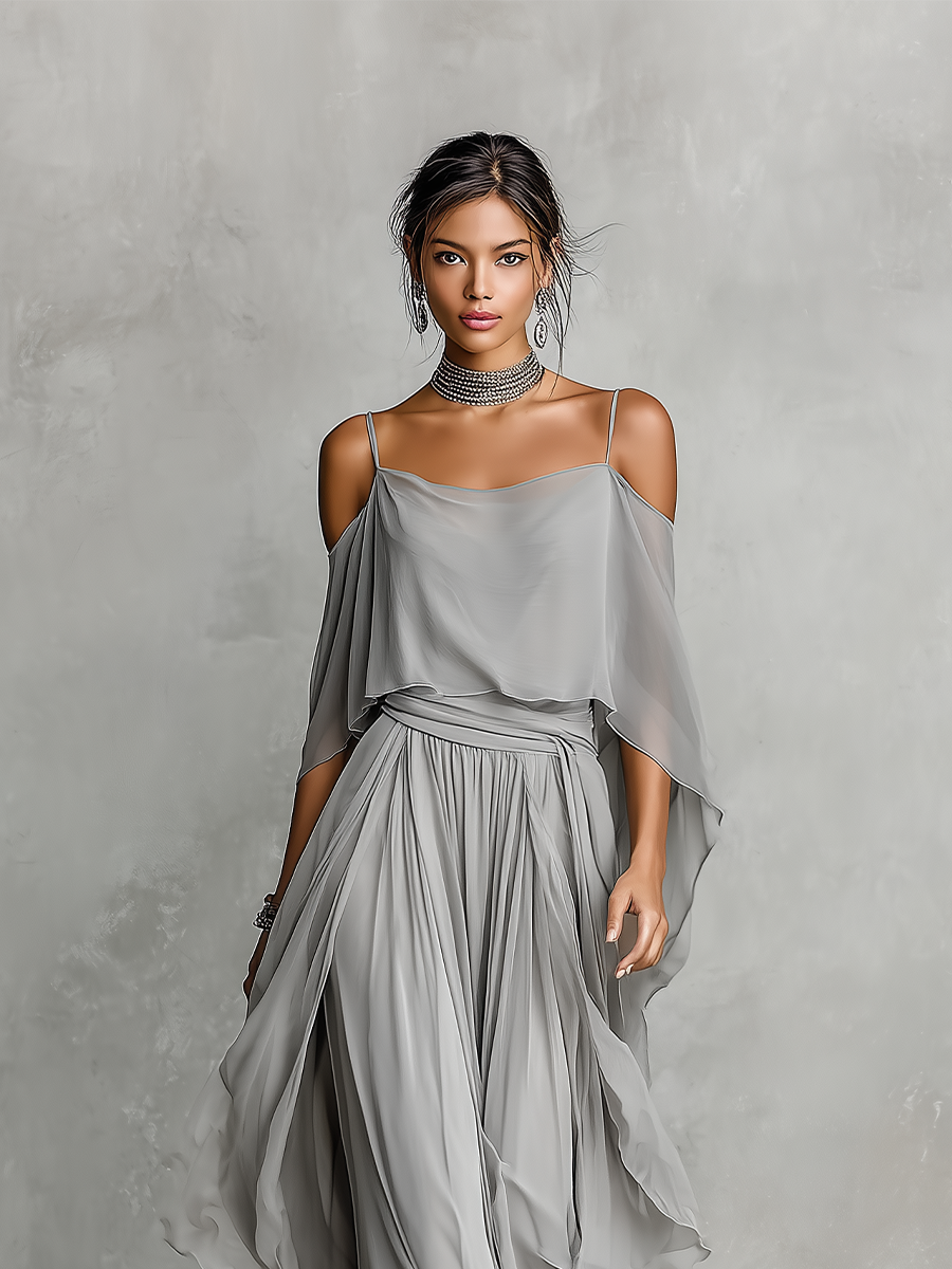 Ophelia | Grey Chiffon Flared Set