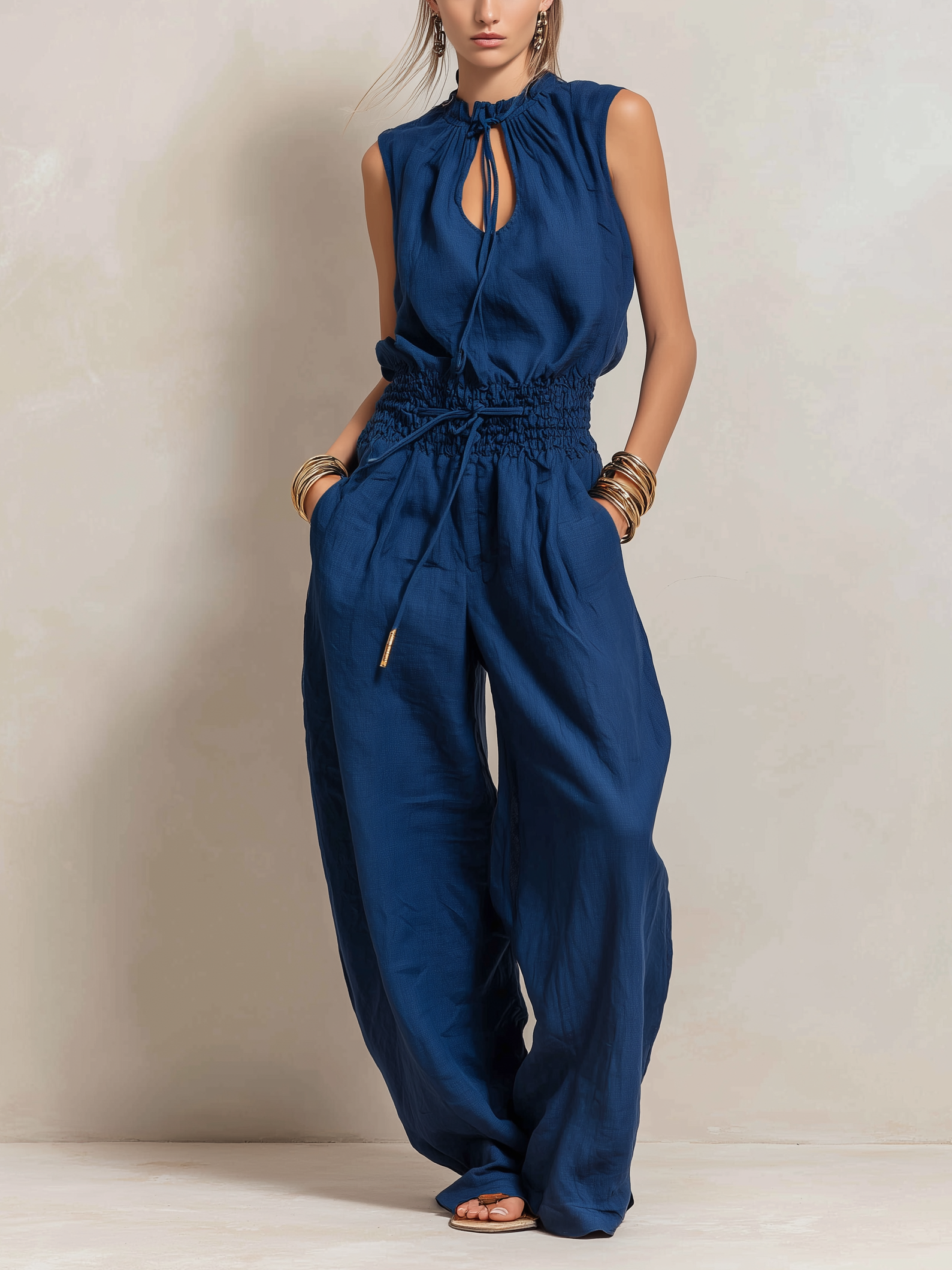 Navy | Cotton-Linen Sleeveless Jumpsuit