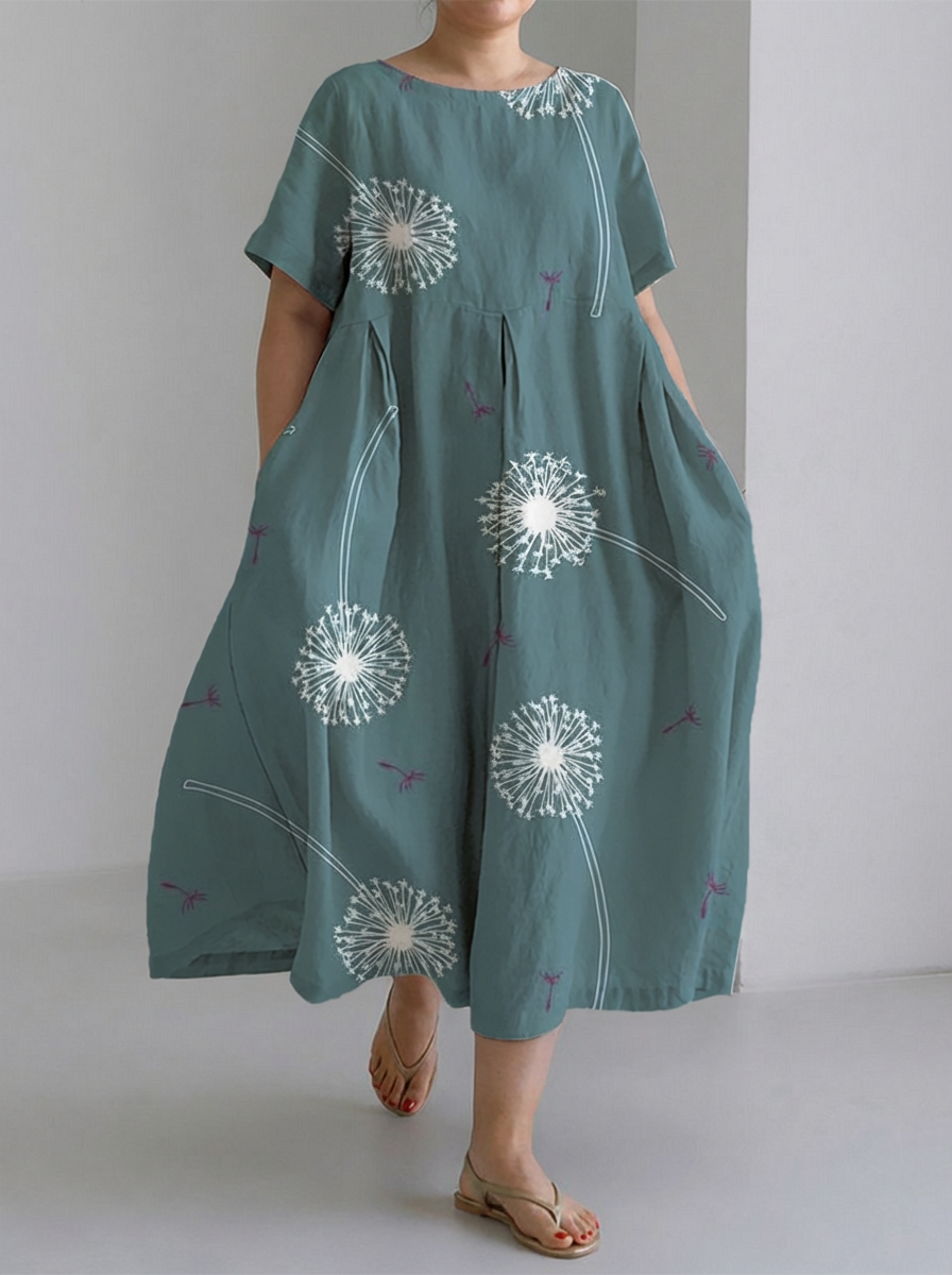 Madison | Green Dandelion Print Large Hem Long Dress