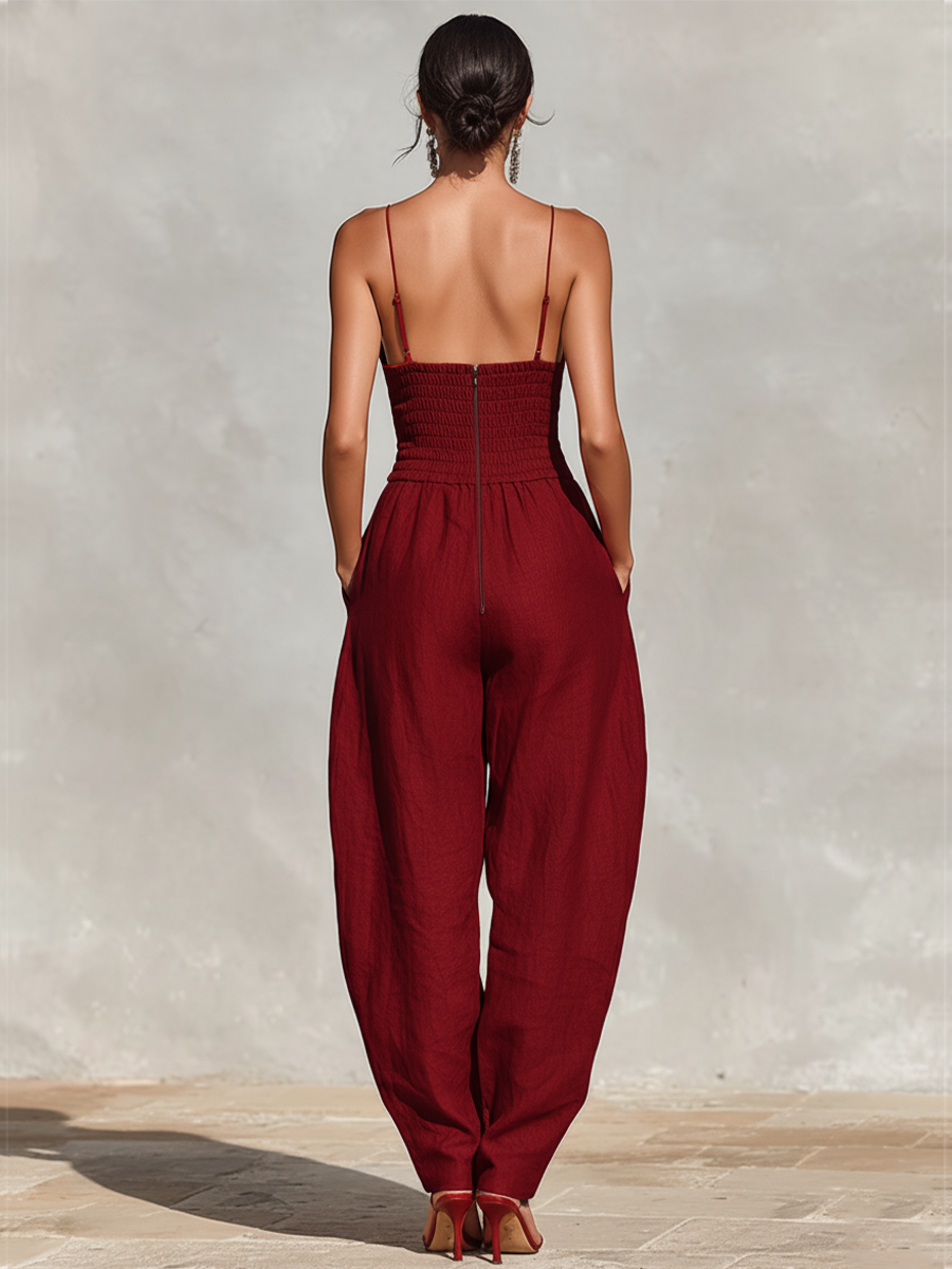 Rosalie | Red Pleated Linen Jumpsuit